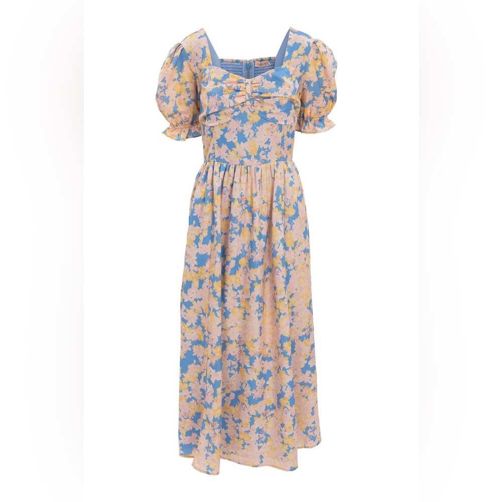 Ivy City Co Peach and Blue Floral Midi Dress